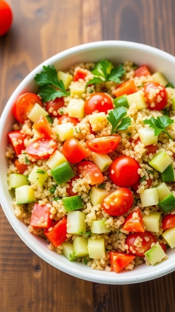 A vibrant quinoa salad with cherry tomatoes, cucumbers, bell peppers, and parsley in a bowl on a wooden table.